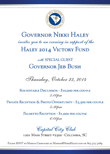 invitation for nikki haley fundraiser w/ jeb bush